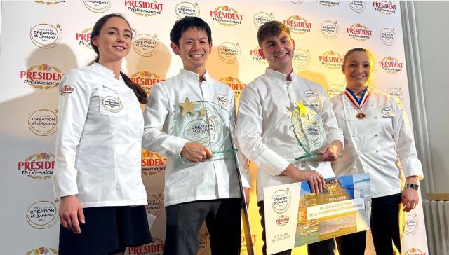 Les deux lauréats de la 11e édition du concours Création et Saveurs Président Professionnel 2021, entourés de Nina Metayer et de Virginie Basselot.