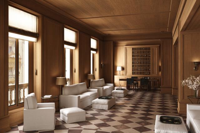 La réception de l'hôtel Balzac, avec ses murs en panneaux de bois et le meuble à clés, évoquant les grands hôtels. 