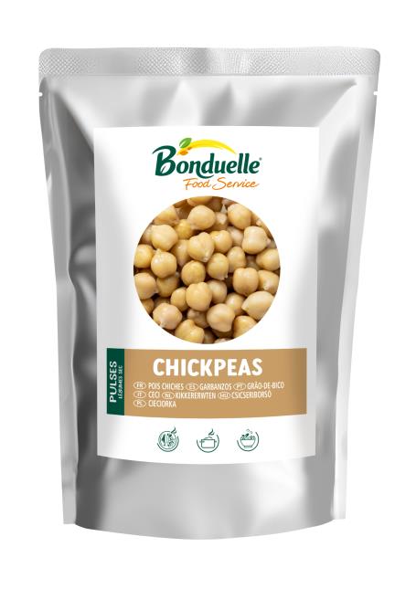 Innovation Bonduelle Food Service : le format Doypack (ici, de pois chiches), pour un usage rapide et sans gaspillage. 