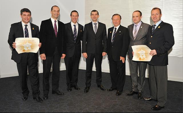 Dominique Milardi, Meridien Beach Plaza Monte-Carlo ; Fabrice Notari, vice-président du conseil national ; Patrice Frank, président de l'Association des sommeliers de Monaco, Hôtel de Paris ; Jean François Robillon, président du conseil national ; Jean Pa