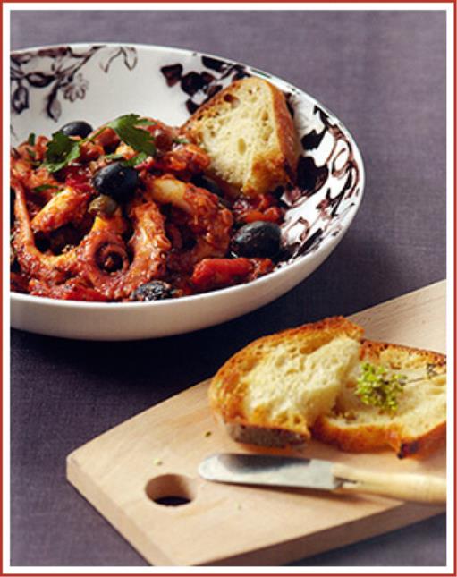Poulpe à la luciana, recette harmonisée du livre 'Encyclopédie de la Gastronomie Italienne'.