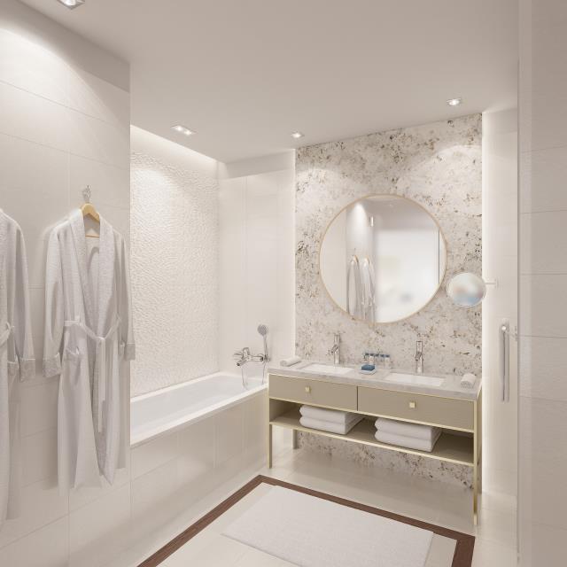 Les architectes d'intérieur, Christine et Nicola Borella, ont privilégié un design épuré pour la robinetterie des salles de bain du Paradise Blue Hotel, à Albena en Bulgarie.