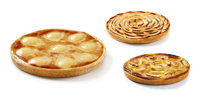 La gamme Tartes Gourmandes de Brioche Pasquier : Bourdaloue, aux pommes et Normande aux Pommes.