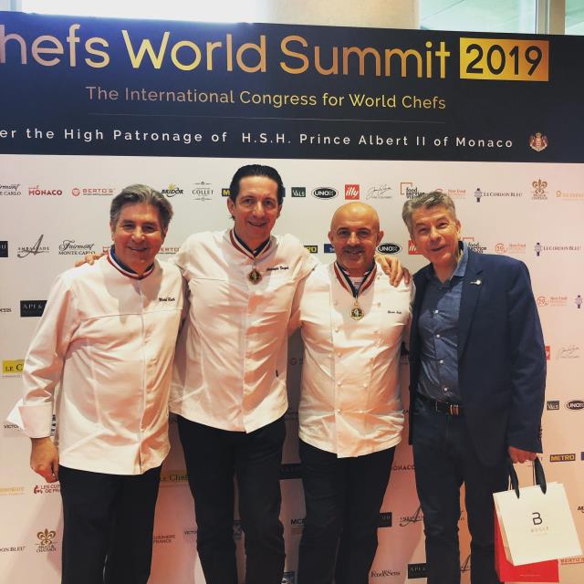 Michel Roth, parrain international, Christophe Bacquié, parrain du Chefs World Summit, Olivier Nasti et Régis Marcon, parrain recrutement - formation - transmission.