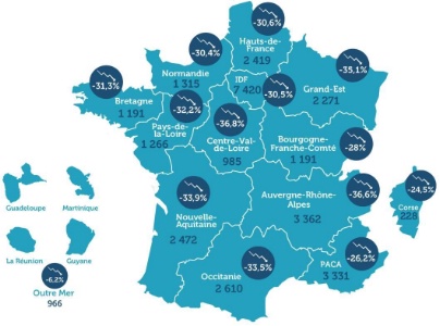La carte de France des pertes d'emplois des dirigeants d'entreprises 2020.